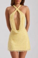 Embellished Cowl-Neck Backless Mini Dress in Yellow - Image 4