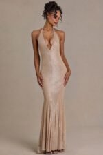 Embellished Plunge-Neck Open-Back Gown in Sand - Image 5