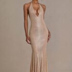 Embellished Plunge-Neck Open-Back Gown in Sand