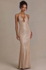 Embellished Plunge-Neck Open-Back Gown in Sand
