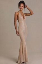 Embellished Plunge-Neck Open-Back Gown in Sand - Image 7