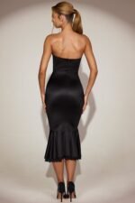 Satin Lace-Trim Bandeau Fluted Midaxi Dress in Black - Image 2