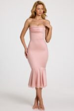 Satin Lace-Trim Bandeau Fluted Midaxi Dress in Blush Pink - Image 7