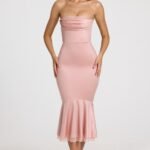 Satin Lace-Trim Bandeau Fluted Midaxi Dress in Blush Pink