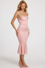 Satin Lace-Trim Bandeau Fluted Midaxi Dress in Blush Pink - Image 6