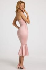 Satin Lace-Trim Bandeau Fluted Midaxi Dress in Blush Pink - Image 2