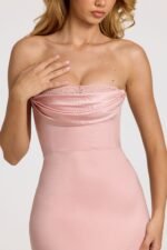 Satin Lace-Trim Bandeau Fluted Midaxi Dress in Blush Pink - Image 4