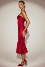 Satin Lace-Trim Bandeau Fluted Midaxi Dress in True Red - Image 3