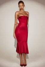 Satin Lace-Trim Bandeau Fluted Midaxi Dress in True Red - Image 8