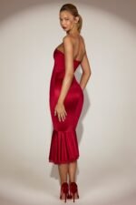 Satin Lace-Trim Bandeau Fluted Midaxi Dress in True Red - Image 2