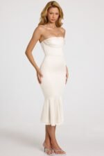 Satin Lace-Trim Bandeau Fluted Midaxi Dress in White - Image 8