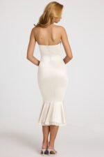 Satin Lace-Trim Bandeau Fluted Midaxi Dress in White - Image 3