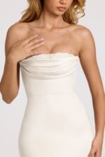 Satin Lace-Trim Bandeau Fluted Midaxi Dress in White - Image 4