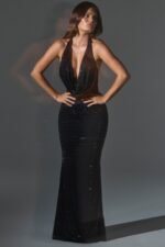 Embellished Cowl-Neck Backless Gown in Black - Image 5