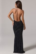 Embellished Cowl-Neck Backless Gown in Black - Image 6