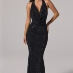 Embellished Cowl-Neck Backless Gown in Black