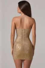 Embellished Bandeau Cowl-Waist Mini Dress in Gold - Image 6
