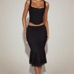Lace Mid-Rise Fluted Midi Skirt in Black