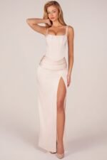 Corseted Thigh-High Split Maxi Dress in Pearl - Image 5