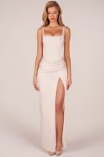 Corseted Thigh-High Split Maxi Dress in Pearl - Image 8