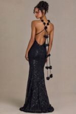 Embellished Plunge Open-Back Gown in Black - Image 6