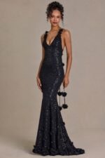 Embellished Plunge Open-Back Gown in Black - Image 2