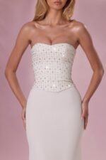Embellished Corset Strapless Gown in Pearl - Image 4