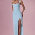 Mesh Draped Corset Gown in Light Blue