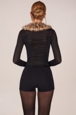 Faux Fur-Trim Playsuit in Black - Image 3