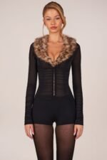 Faux Fur-Trim Playsuit in Black - Image 5