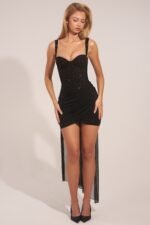 Corseted Draped Mini Dress in Black - Image 7