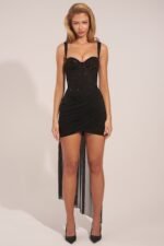 Corseted Draped Mini Dress in Black - Image 5