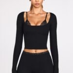 Ribbed Modal Long-Sleeve Laced Bra Top in Black