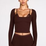 Ribbed Modal Long-Sleeve Laced Bra Top in Chocolate Brown