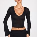 Sheer Jersey Plunge Long-Sleeve Top in Black