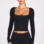 Ribbed Modal Square-Neck Long-Sleeve Top in Black