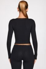 Ribbed Modal Square-Neck Long-Sleeve Top in Black - Image 3