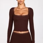 Ribbed Modal Square-Neck Long-Sleeve Top in Chocolate Brown