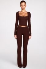 Ribbed Modal Square-Neck Long-Sleeve Top in Chocolate Brown - Image 7