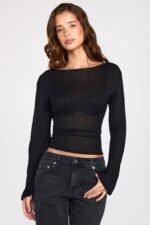 Sheer Jersey Long-Sleeve Backless Top in Black - Image 5