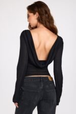 Sheer Jersey Long-Sleeve Backless Top in Black - Image 8
