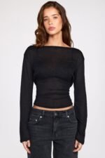 Sheer Jersey Long-Sleeve Backless Top in Black - Image 2