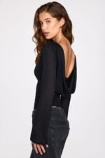 Sheer Jersey Long-Sleeve Backless Top in Black - Image 3