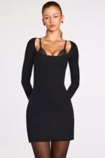 Ribbed Modal Long-Sleeve Laced Bra Mini Dress in Black - Image 6