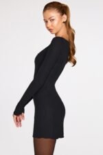 Ribbed Modal Long-Sleeve Laced Bra Mini Dress in Black - Image 4