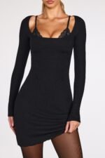 Ribbed Modal Long-Sleeve Laced Bra Mini Dress in Black - Image 5