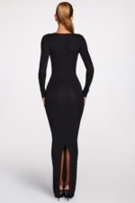 Ribbed Modal Long-Sleeve Plunge Maxi Dress in Black - Image 3