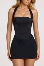 Satin Draped Mini Dress in Black - Image 4