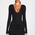 Ribbed Modal Long-Sleeve Draped Mini Dress in Black