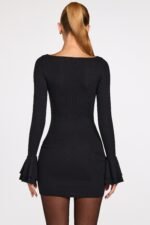 Ribbed Modal Long-Sleeve Draped Mini Dress in Black - Image 3